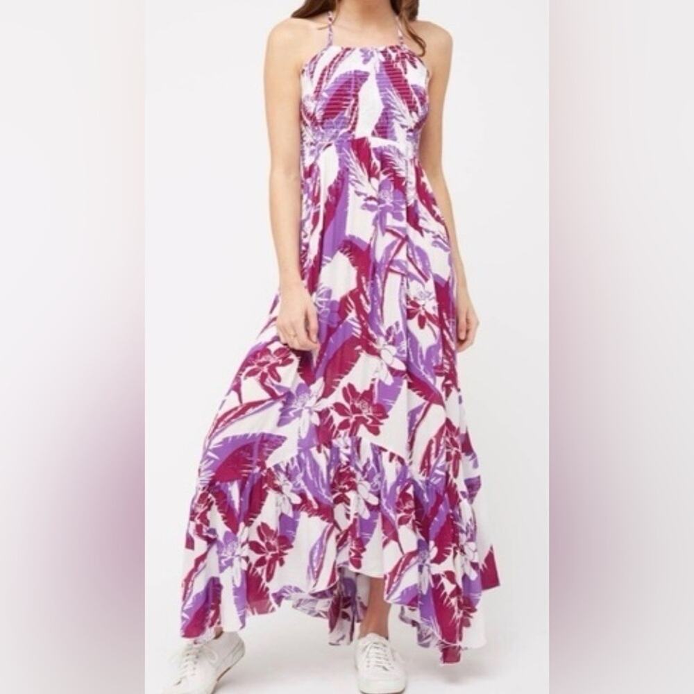Free People Heat Wave Tropical Printed Maxi Slip Dress in a purple and white